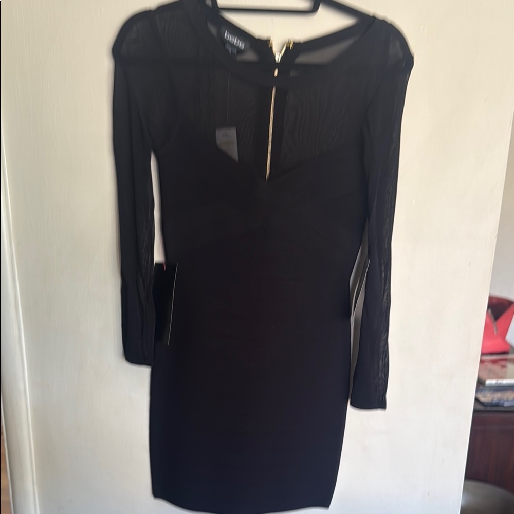 Bebe Black V-Neck Long Sleeve Bodycon Dress